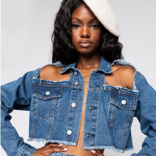 2021 Newest Women Denim Jacket Fashionable Streetwear Casual Loose Outwear Hollow Out Short Ripped Jeans Coat Cotton Backless