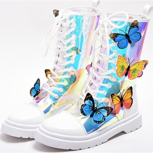 2021 New Colorful Butterfly Decor Women Ankle Boots Transparent PVC Boots Lace-up Flat Botas Mujer White Shoes Woman