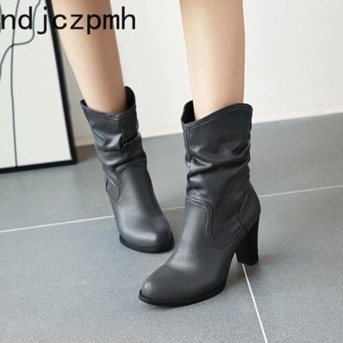Womens Boots The New winter fashion Round head plush High heel Middle tube Womens shoes plus size 33-48 Heel Height 8cm black