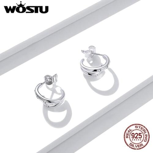 WOSTU 925 Sterling Silver Stud Earrings For Women Double Loop Earrings CZ Cubic Zirconia Simple Design Fine Jewelry BNE494