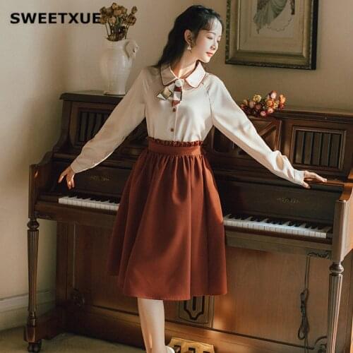 SWEETXUE Autumn Women Two Piece Set Vintage Fashion Tops + Skirt 2pc Outfits Preppy Style Ladies