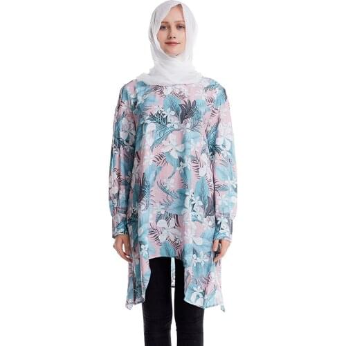 Muslim Summer Women Round Collar Silk Cotton Long Sleeves Causal Middle Length Dress Abaya Lady Printing Knee Robe Thobe