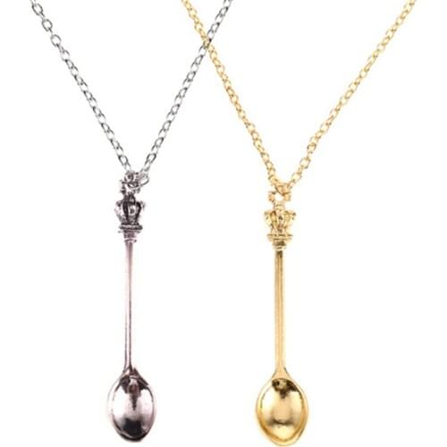 1Pcs New Gold Silver Color Tone Snuff Mini Tea Crown Mini Tea Spoon Vintage Royal Snuff Ibiza Festival Necklace