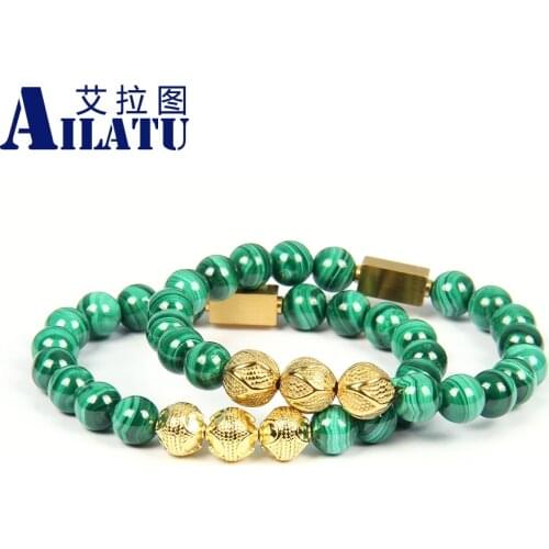 Ailatu New Stainless Steel Gold Beaded Bracelets with 8mm Natural Malachite Stone Top Quality