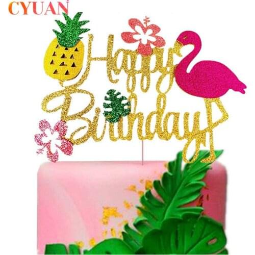 Pineapple Flamingo Cake Topper Palm Leaf Cupcake Toppers Happy Birthday Party Decoration Wedding Hawaiian Tropical Party Decor