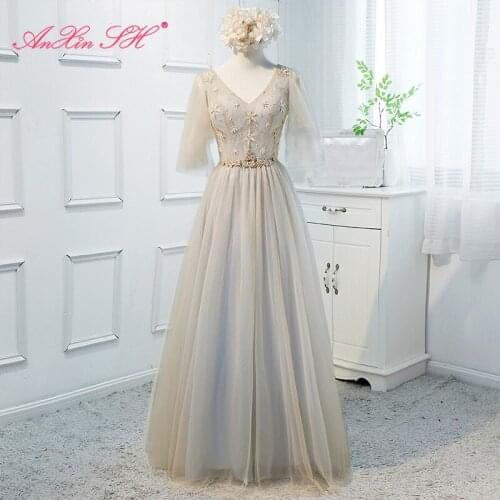 AnXin SH princess flower champagne lace vintage party v neck beading pearls ruffles long a line Bridesmaid Dress Host dress
