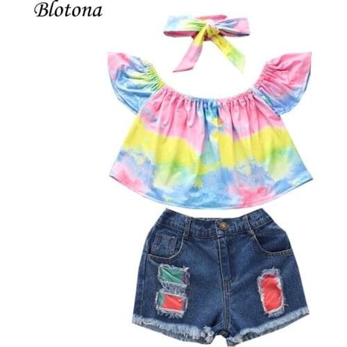 Blotona Kid Girls 3Pcs Outfits Off Shoulder Fly Sleeve Tie-dye Tops +Ripped Denim Shorts+Headband Set Casual Set for Summer 1-6Y