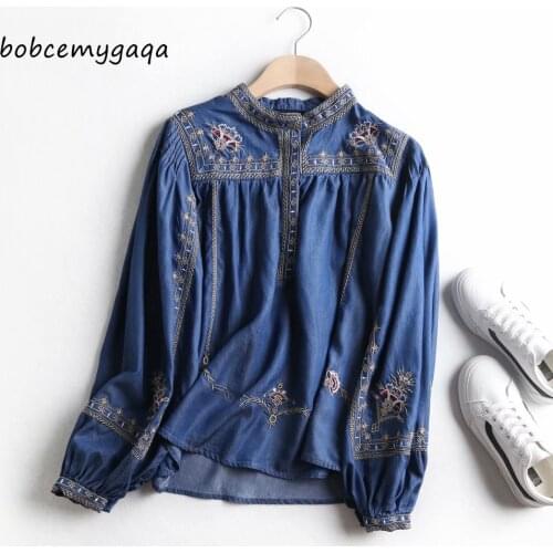 Embroidery lantern sleeves denim blouse women soft jeans blouse blue tops cute cotton blusas mujer streetwear boho