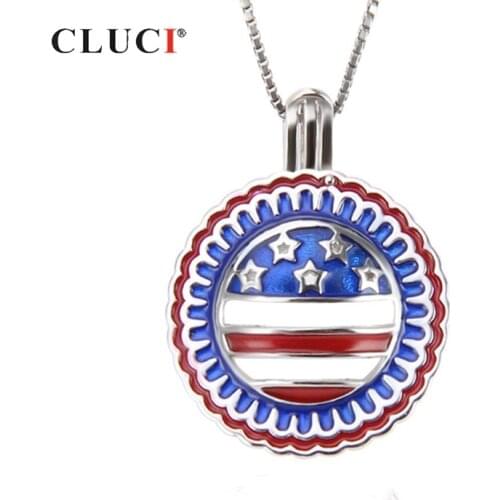 CLUCI 925 Sterling Silver American Flag USA Patriot Freedom Stars and Stripes Hollow Pendant Women Jewelry Gift SC287SB