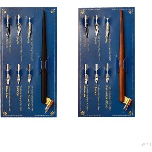 Wood Manga Calligraphy Dip Pen Holder +6 Nibs for Lettering Skiching Drawing Kit English Oblique Calligraphy Dip Pen