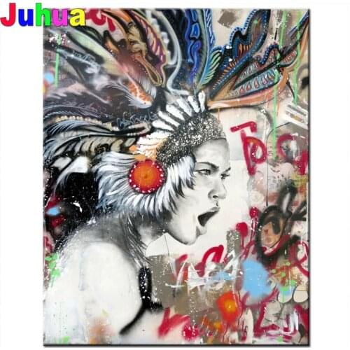 Full drill square Crystal Paintings Diamond Embroidery Indians feather woman Full round 5d Diy diamond painting Graffiti Lady