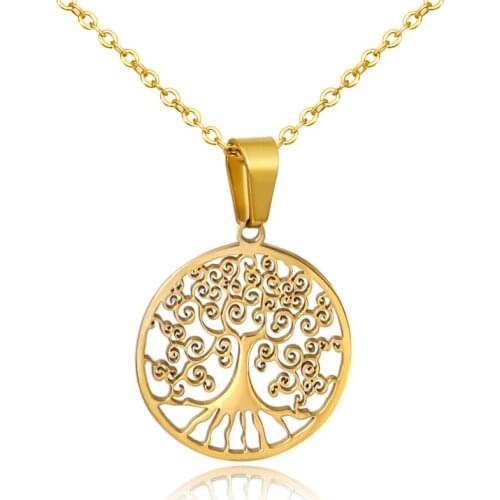 Tree of Life Round Pendant Necklace Women Jewelry Steel Collier Chain Necklaces Gold Silver Elegant Bijoux Gift Accessory