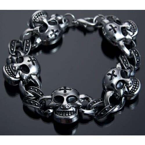 Punk Domineering Men 316L Stainless Steel Skull Bracelet Silver Plated Skull Cross Bracelet Trend Men Motorcycle Party Jewelry