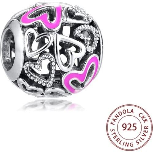 Genuine 925 Sterling Silver Pink Openwork Freehand Heart Charms Beads for Jewelry Making Fits Original Bracelet kralen
