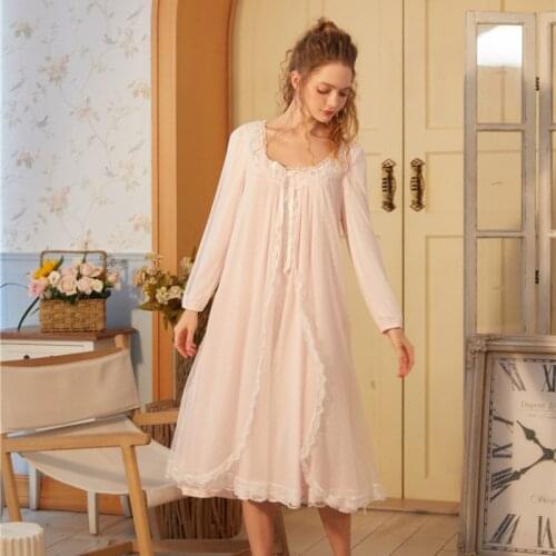 Romantic Vintage Nightgowns Women Autumn Mesh Long Sleeve Fairy Night Dress Victorian Lace Peignoir Elegant Sleepwear Nightwear