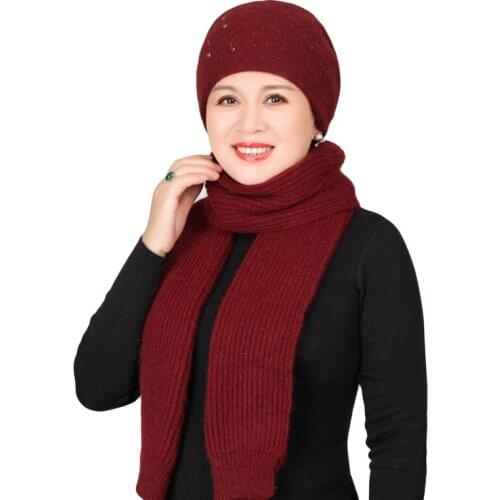 Wool Knitted Hat Women Winter Warm Elegant Scarf Grandmother Mother Christmas Gift Middle-aged Elderly Female Fashion Cap