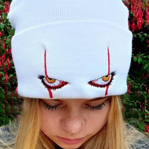 Embroidered Woolen Beanies Hat Scary Clown Eyes Knitted Hat Warm Hedging Hip-hop Hat Woolen Halloween Hat