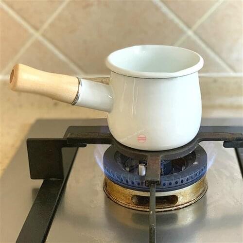 550ml Enamel Milk Pot with Wood long Handle Saucepan Butter Coffee Heating Pan Kitchen Double Pour out Nozzle Cooking Pot