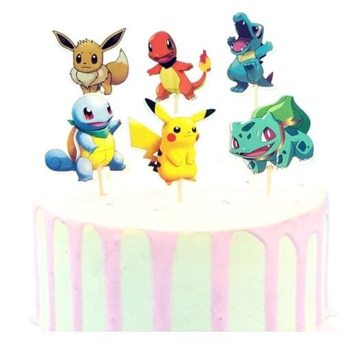 Pikacho Theme Happy Birthday Party Boys Kids Favors Cartoon Cake Picks Decoration Cupcake Toppers Baby Shower Supplies 24pcs/lot