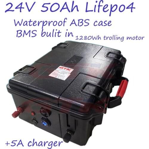 24V 50Ah lifepo4 battery pack waterproof ABS case 25.6V 1280Wh for trolling motor/fishing boat/motor boat/inverter +5A charger