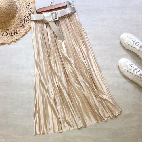 Women Midi Skirts Belt Satin Pearl Luster Sashes Long Skirts Office Lady High Waist Champagne Color Elegant Pleated Skirts