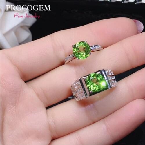 Trendy Natural Peridot Rings for Women and Men Lovers' Engagement Gifts round 8mm 2Ct Genuine gems Fine jewelry S925 Silver #622