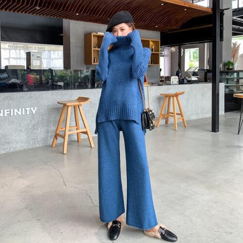 2021 Autumn Winter 2 Pcs Set Women Sweater Candy Color Knit Wide Leg Pants + Knitwear Suit Trousers Female Costumes Girls Z140