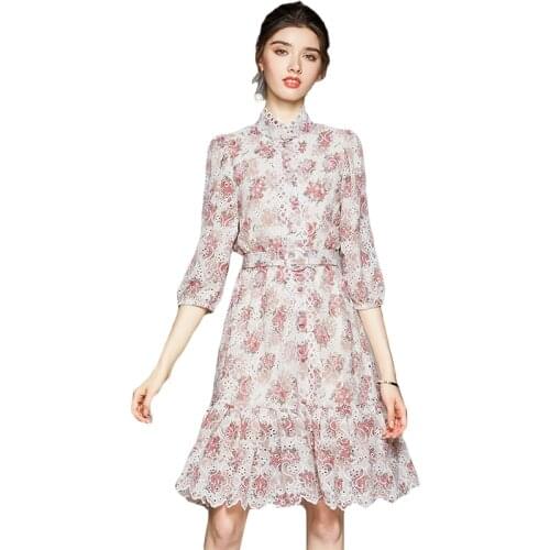 Women Autumn Elegant Hollow Out Lace Dress Stand Collar Single-Breasted Pink Flower Embroidery Ruffles Vestidos With Belt k8596