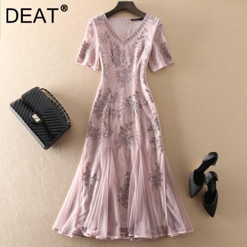 DEAT Women Midi Trumpet Dress Embroidery Flower Sequins V Neck Short Sleeve Vintage Elegant Dresses 2021 Summer Fashion 15JK527
