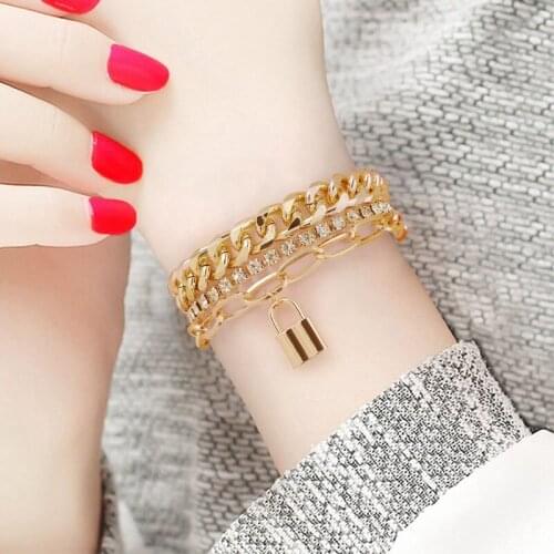3Pcs/Set Crystal Lock Pedant Bracelets Set for Women Boho Luxury Buling Rhinestone Chain Bracelets Bangles Jewelry