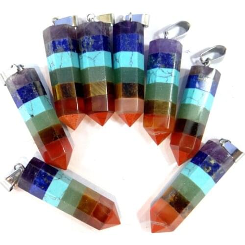 35MM Natural stone Turquoises Quartz Crystal lapis Opal tiger eye 7 Chakra Layered pendant for diy Jewelry making necklace 4PCS