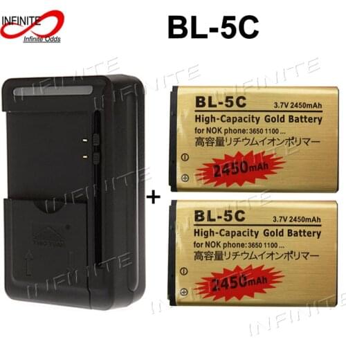 2 x 2450mAh BL-5C BL 5C Gold Battery +US/EU/UK/AU Universal charger for Nokia 1100 3650 N72 N71 C2-06 C2-00 X2-01 Bateria ACCU
