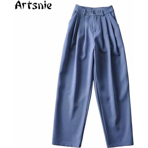 Artsnie Spring 2021 Blazer Pants Women High Waist Zipper Loose Trousers Blue Casual Pockets Harem Pants Ladies Long Pants Mujer