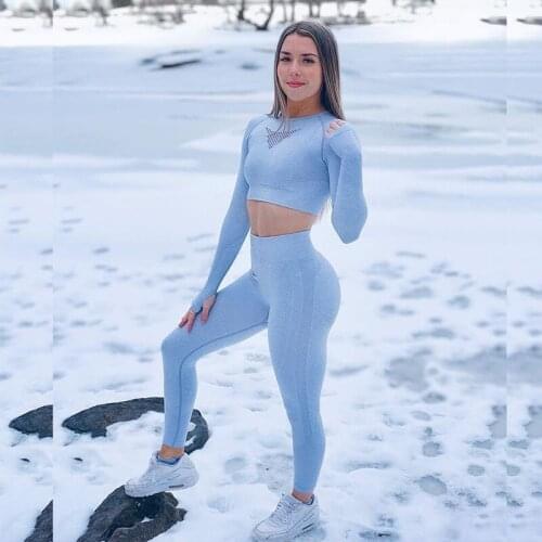 Seamless Long Sleeve Trousers Suit Ins Yoga Clothes Womens Slim Sports Fitness New