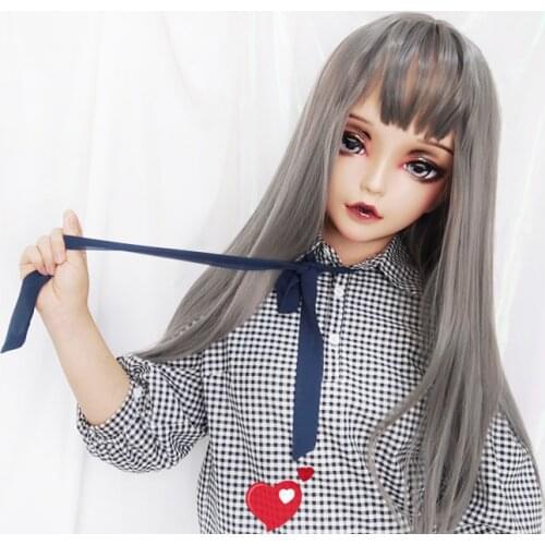 Chan02)Female Sweet Girl Resin Half Head Kigurumi BJD Eyes Crossdress Cosplay Japanese Anime Role Lolita Mask With Eyes And Wig