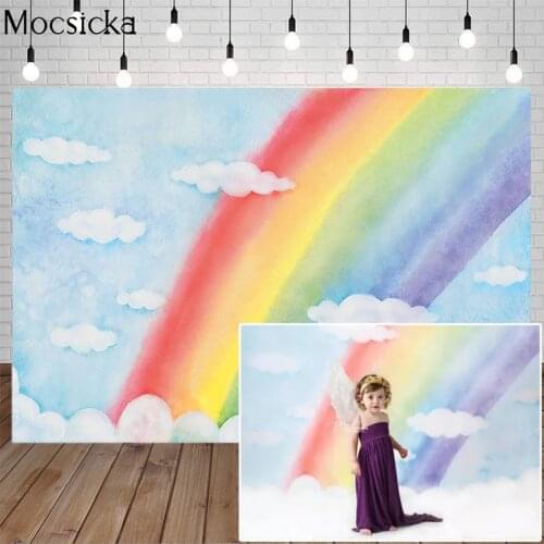 Rainbow White Cloud Newborn Kids Portrait Photo Shoot Background For Flower Photophone Watercolor Backdrop For Photography Prop