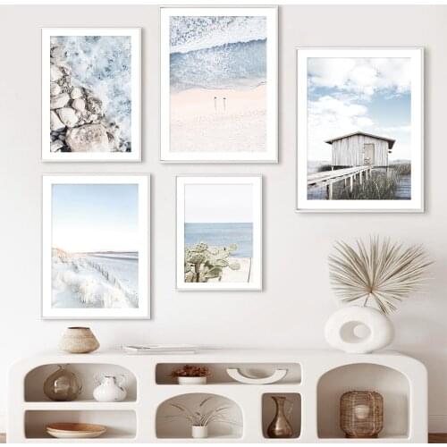 Blue Beach Stone Cactus Bridge Reed Nordic Seascape Posters And Prints Art Canvas Painting Wall Pictures For Living Room Decor