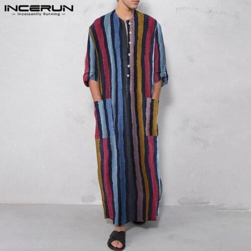 INCERUN Striped Men Muslim Kaftan Islamic Arabic Jubba Thobe Button Long Sleeve Saudi Arabia Vintage Men Robes Dubai Abaya S-5XL