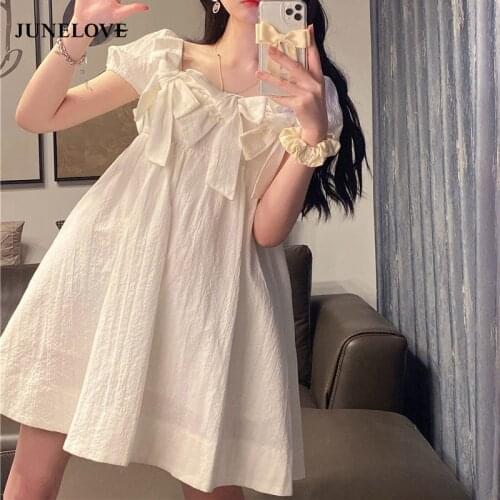JuneLove Summer Elegant Kawaii Dress Women Korean Vintage Designer Bow White Sweet Dress Chic Casual A-line Party Beach Dress