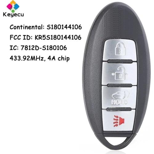 KEYECU Keyless Smart Remote Car Key With 4 Buttons - FOB for Nissan Rogue 2014 2015 2016 2017 2018 Fob S180144106 KR5S180144106