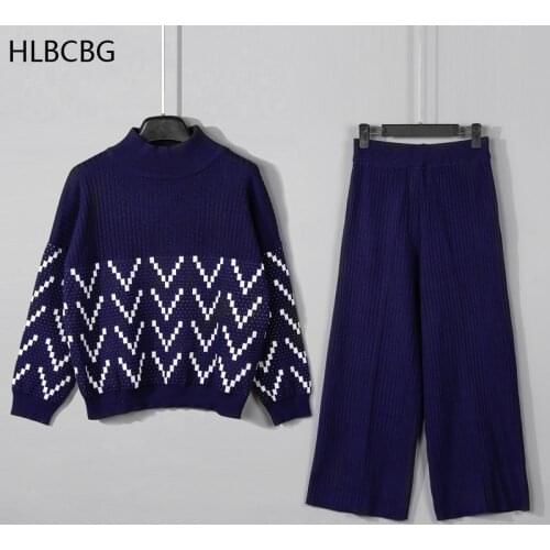 HLBCBG Euro Style Knitted Drape Wide-Leg Pant Suit Two piece Sets WinterThick Warm Women Sweater Tracksuits Long Straight Pants