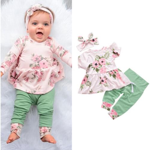 Baby Girl Suit Floral T-shirt Top Dress Polka Dot Leggings Three-Piece Spring And Autumn Childrens Clothing Cute Baby Clothing
