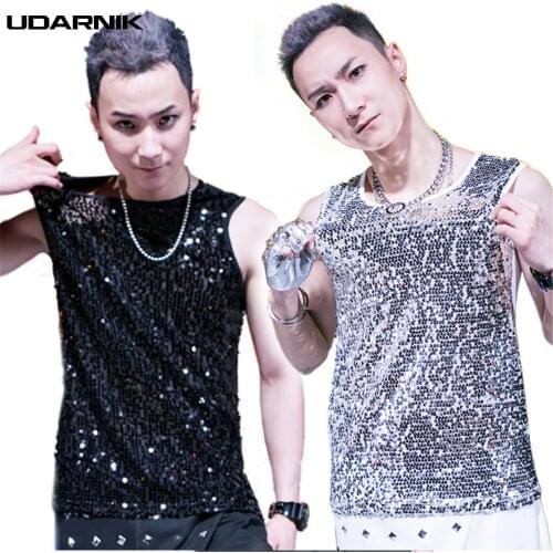 Men Sequins Tank Tops Nightclub Dance Perform Glitter Vest Sleeveless Punk Style O-Neck 4 Colors Japan Clothes Summer 912-343