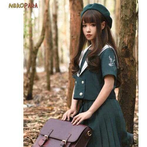 Deer In The Deep Forest Embroidery Sweet Japanese School Girls Uniform JK 2Pcs Set:Short/Long Sleeves Sailor Collar Blouse+Skirt