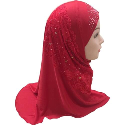 Rhinestone Lace Applique Muslim Practical Hijab Cap Soft Islamic Girls Amira Cap Ready To Wear for Ages 2-7 Kids Headwear