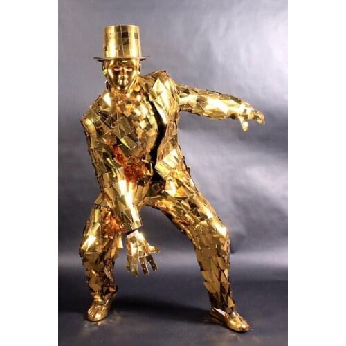 Men gold mirror costume party stage machine dance costumes mirror suit shining party prop