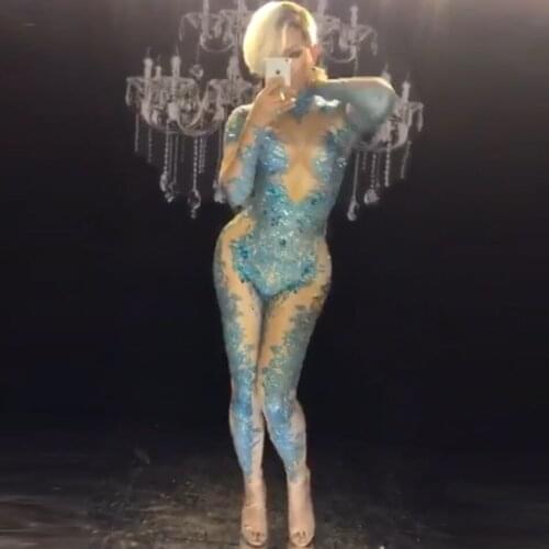 2019 New Sexy Womens Body con Rhinestone Night Club Halloween Party Evening Clothes Show Dance Costumes Jumpsuit Romper