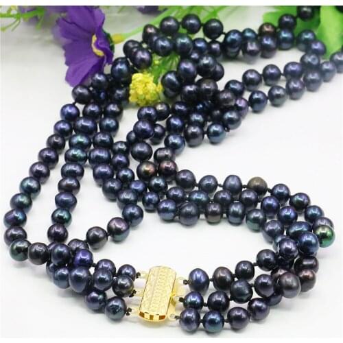 New Fashion jewelry 3 row 7-8MM Black akoya Pearl Necklace Rope Chain Beads Girl Jewelry Making Natural Stone Mothers Day gifts