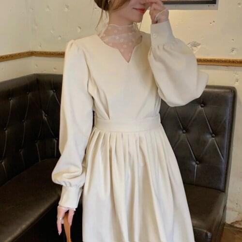 2021 Autumn Princess Elegant Dress Women French Patchwork Long Sleeve Fairy Dress Female Designer High Waist Kreann Party Dress