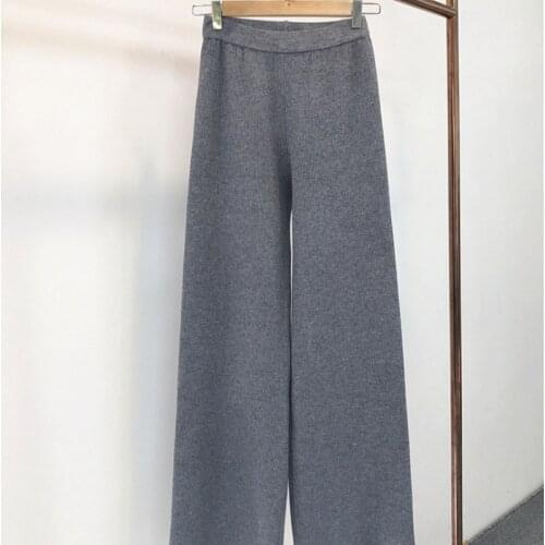 Autumn Winter Womens Pants Hong Kong Style Retro Solid Color Knitted Wide-leg Pants New High-waist Loose Pants GX489